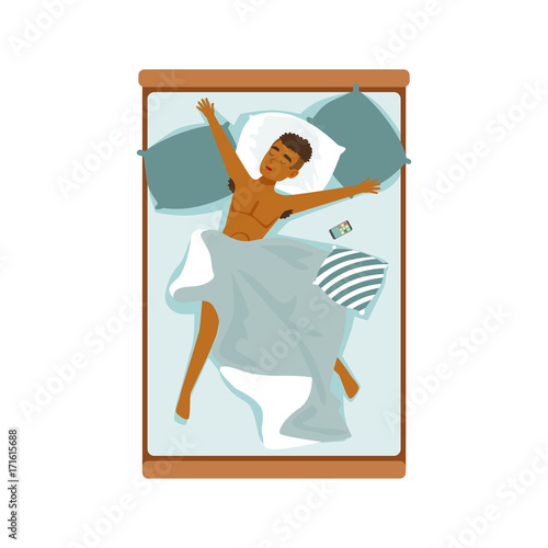 Young african man sleeping in his bed, relaxing person vector Illustration