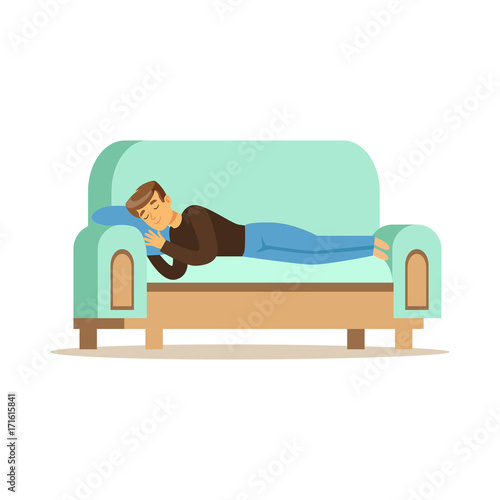 Young man sleeping on the sofa, relaxing person vector Illustration