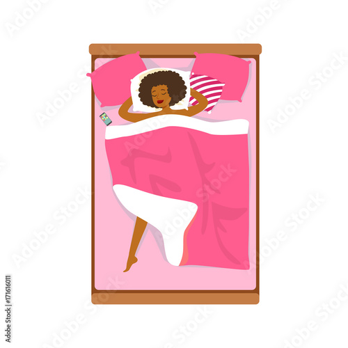 Beautiful african woman sleeping in her bed, relaxing person vector Illustration