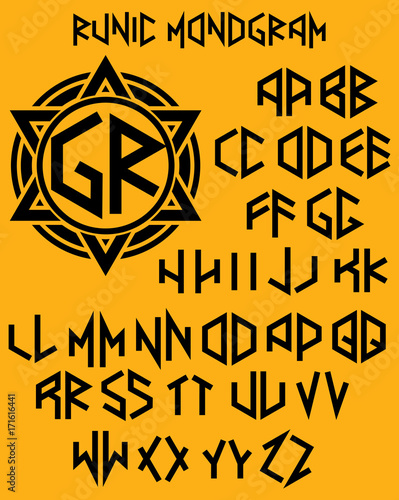 monogram pattern with set of two-sided letters in runic style