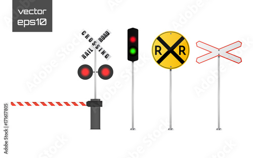 Vector detailed railway warning signs isolated on white background.