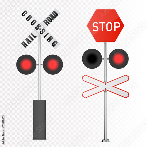 Vector detailed railway warning signs isolated on white background.