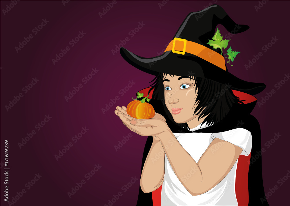 Wow !Halloween. Happy girl in a hat and a witch costume blowing pumpkin from her hands. Vector
