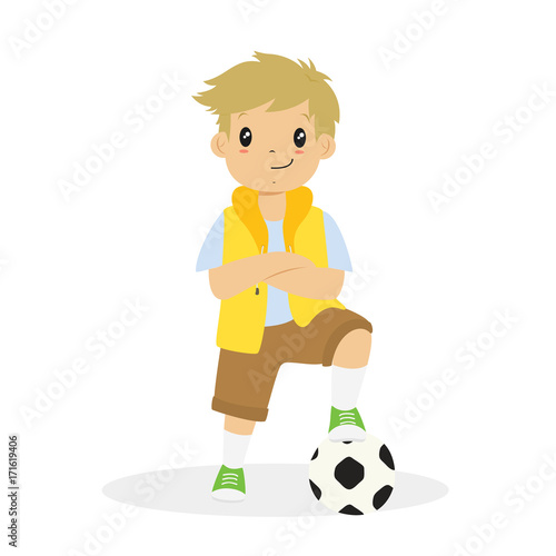 happy boy with his arm crossed and his left foot on a soccer ball cartoon vector