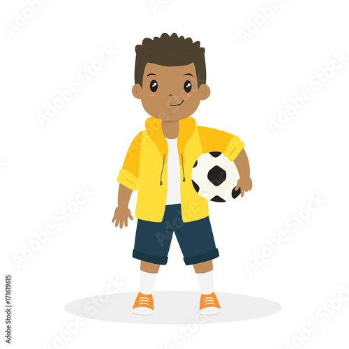 happy African American boy standing and holding a soccer ball cartoon vector