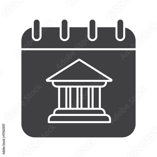 Calendar or notepad page with bank building. Glyph icon