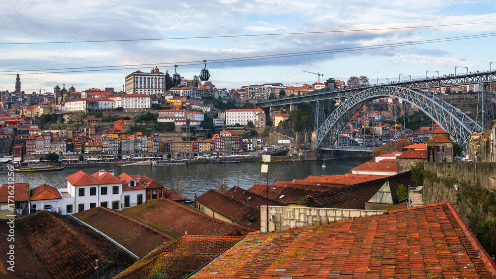 Top view of Douro river and Dom Luis I bridge, Porto, Portugal.