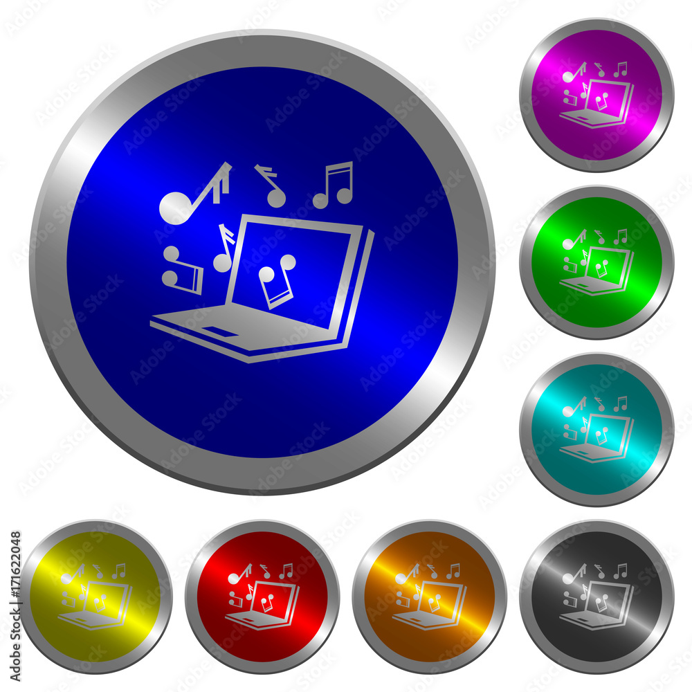 Laptop with music symbols luminous coin-like round color buttons Laptop with music symbols luminous coin-like round color buttons