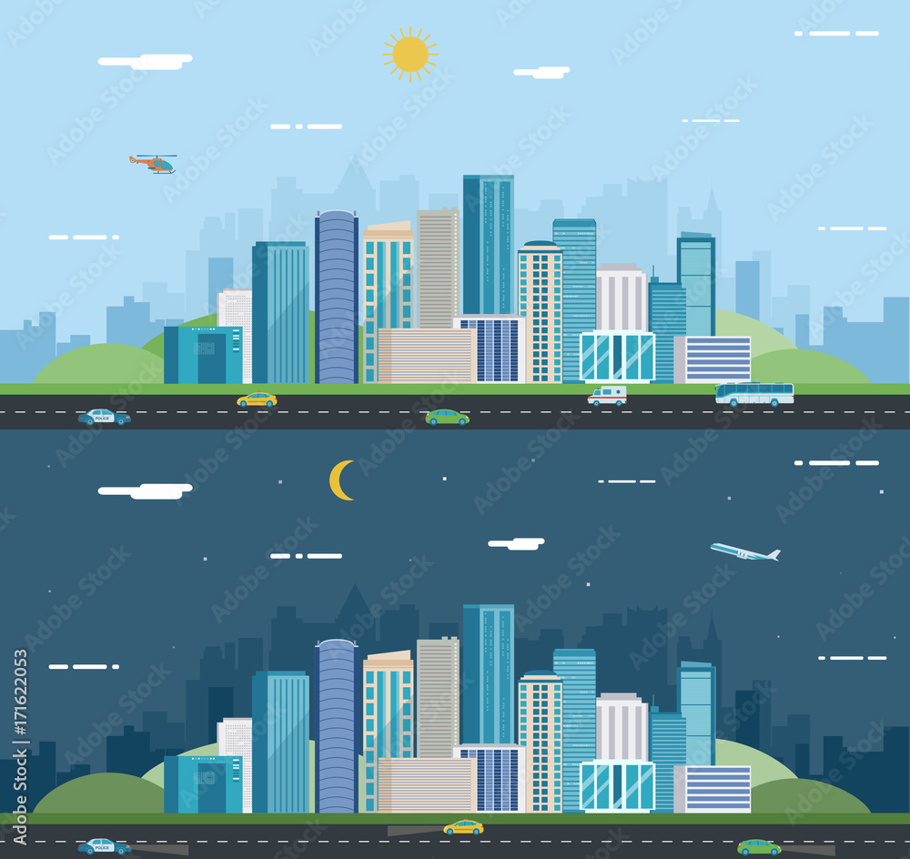 Day and night urban landscape. Modern city. Building architecture, cityscape town. Vector 