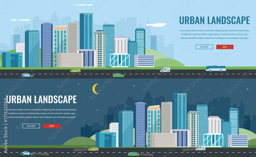 Day and night urban landscape. Modern city. Building architecture, cityscape town. Concept website template. Vector 