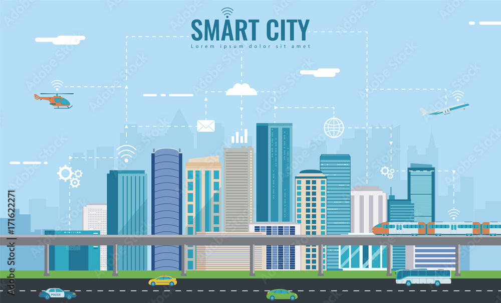 Smart city. Urban landscape with infographic elements. Modern city. Concept website tamplate. Vector 