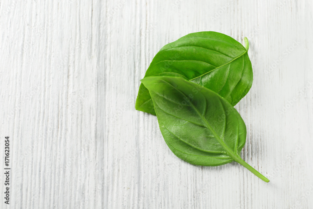 Two leaves of green fresh organic basil on wooden background Two leaves of green fresh organic basil on wooden background