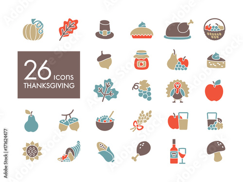 Thanksgiving Day outline icons set. Harvest