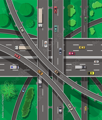 Modern roads and transport. Top view.