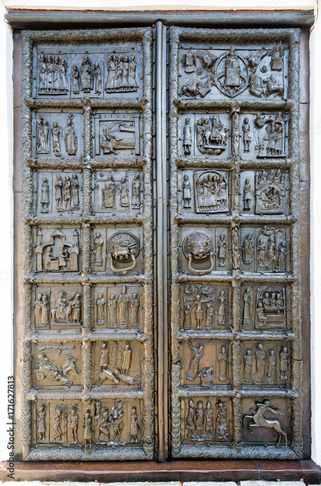 Ancient bronze Magdeburg Gates of St. Sophia Cathedral in Veliky Novgorod, Russia, 1153 year