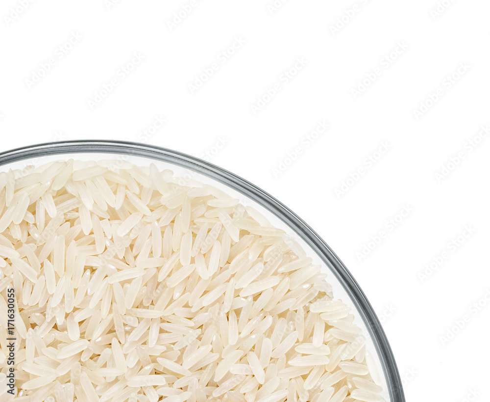 Close up of glass bowl with parboiled rice on white background. Healthy food. Top view, high resolution product. Close up of glass bowl with parboiled rice on white background. Healthy food. Top view, high resolution product.