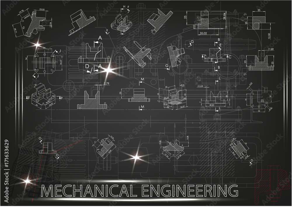 Machine-building drawings on a black background Machine-building drawings on a black background