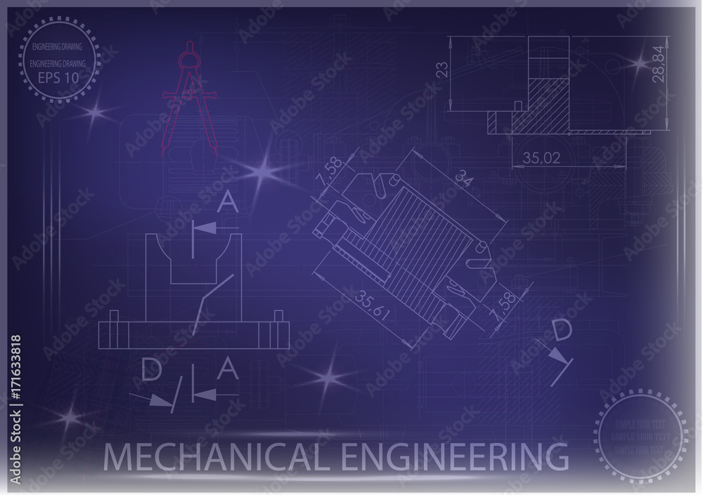 Machine-building drawings on a blue background