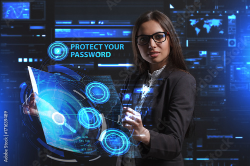 The concept of business, technology, the Internet and the network. A young entrepreneur working on a virtual screen of the future and sees the inscription: Protect your password