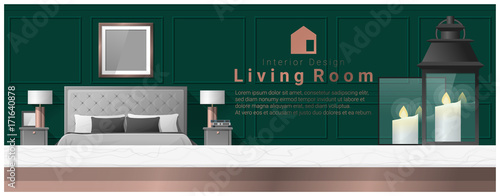 Interior design with table top and Modern bedroom background , vector , illustration