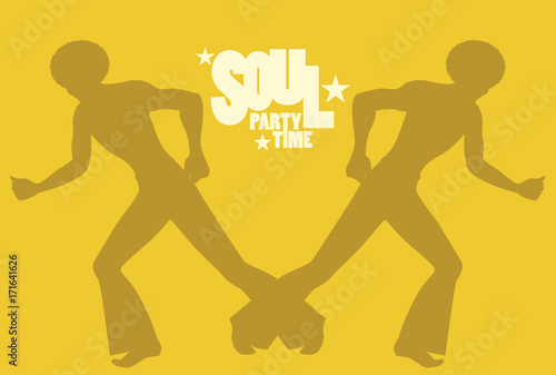 Silhouette of men dancing soul, funky or disco music. Retro Style.