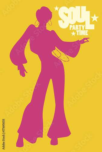 Silhouette of girl dancing soul, funky or disco music. Retro Style.