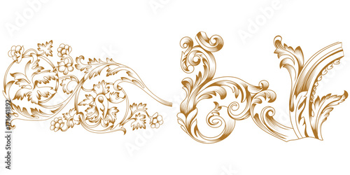Set of golden vintage baroque ornament, corner. Retro pattern antique style acanthus. Decorative design element filigree calligraphy vector. - stock vector