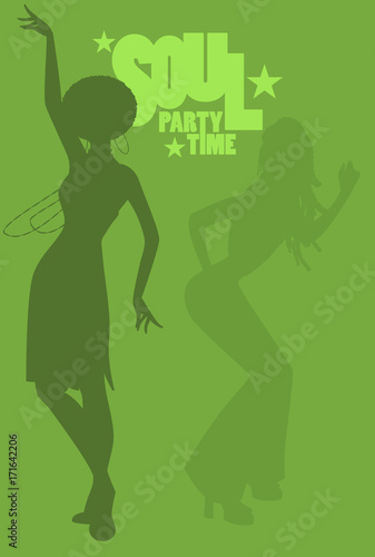 Silhouette of girls dancing soul, funky or disco music. Retro Style.