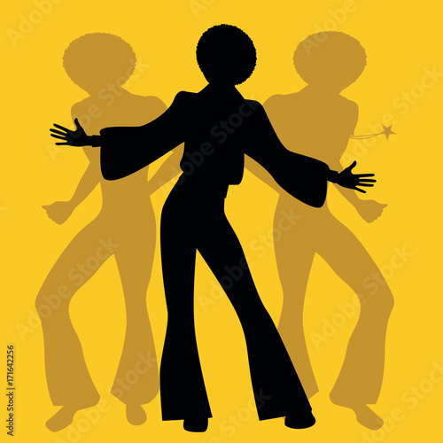 Silhouette of men dancing soul, funky or disco music. Retro Style.