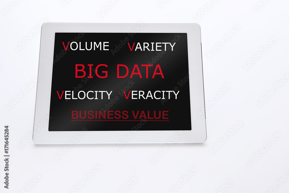Characteristics of big data concept on computer tablet screen on white background Characteristics of big data concept on computer tablet screen on white background