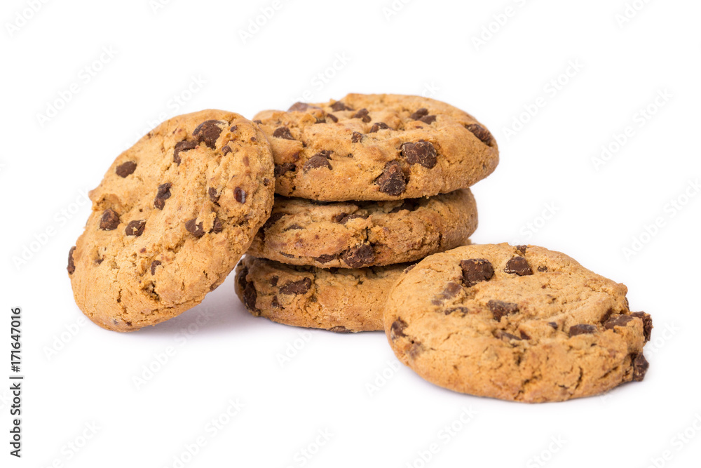 Pile of round cookies with the pieces of chocolate isolated over the white background Pile of round cookies with the pieces of chocolate isolated over the white background