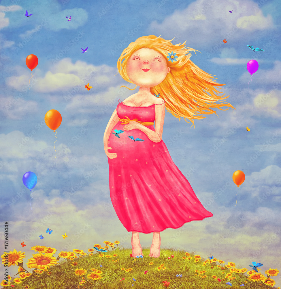 Fototapeta premium Illustration art of young beautiful pregnant blonde woman in red dress on outdoor