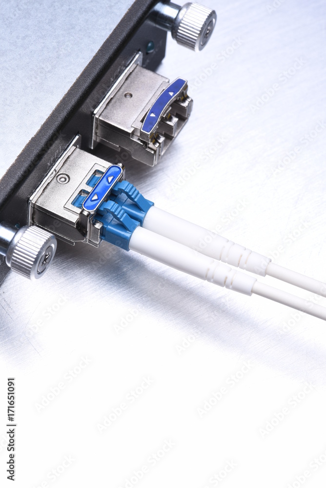 Gigabit interface converter type XFP with optical network cables on