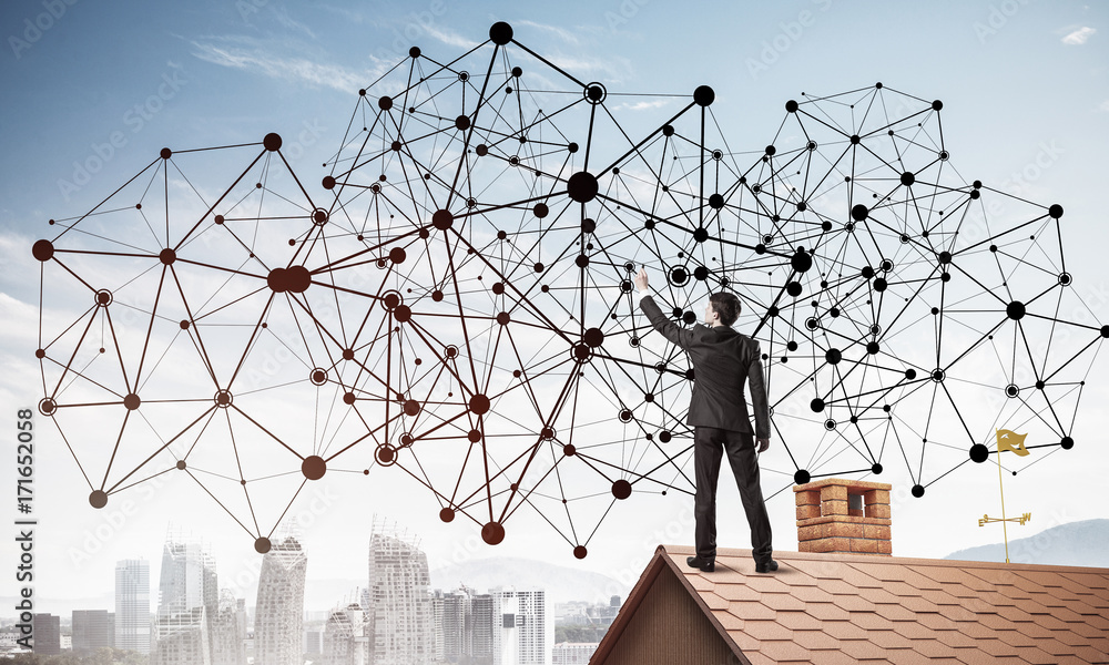 Businessman on house roof presenting networking and connection c Businessman on house roof presenting networking and connection c