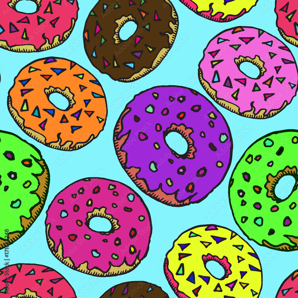 Donut in chocolate and colorful glaze, hand drawn doodle, sketch in pop art style, seamless pattern design on blue background Donut in chocolate and colorful glaze, hand drawn doodle, sketch in pop art style, seamless pattern design on blue background