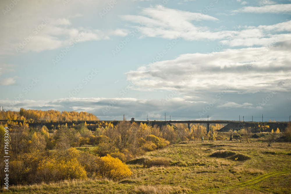 Autumn landscape with a railway bridge across the ravine 8185.