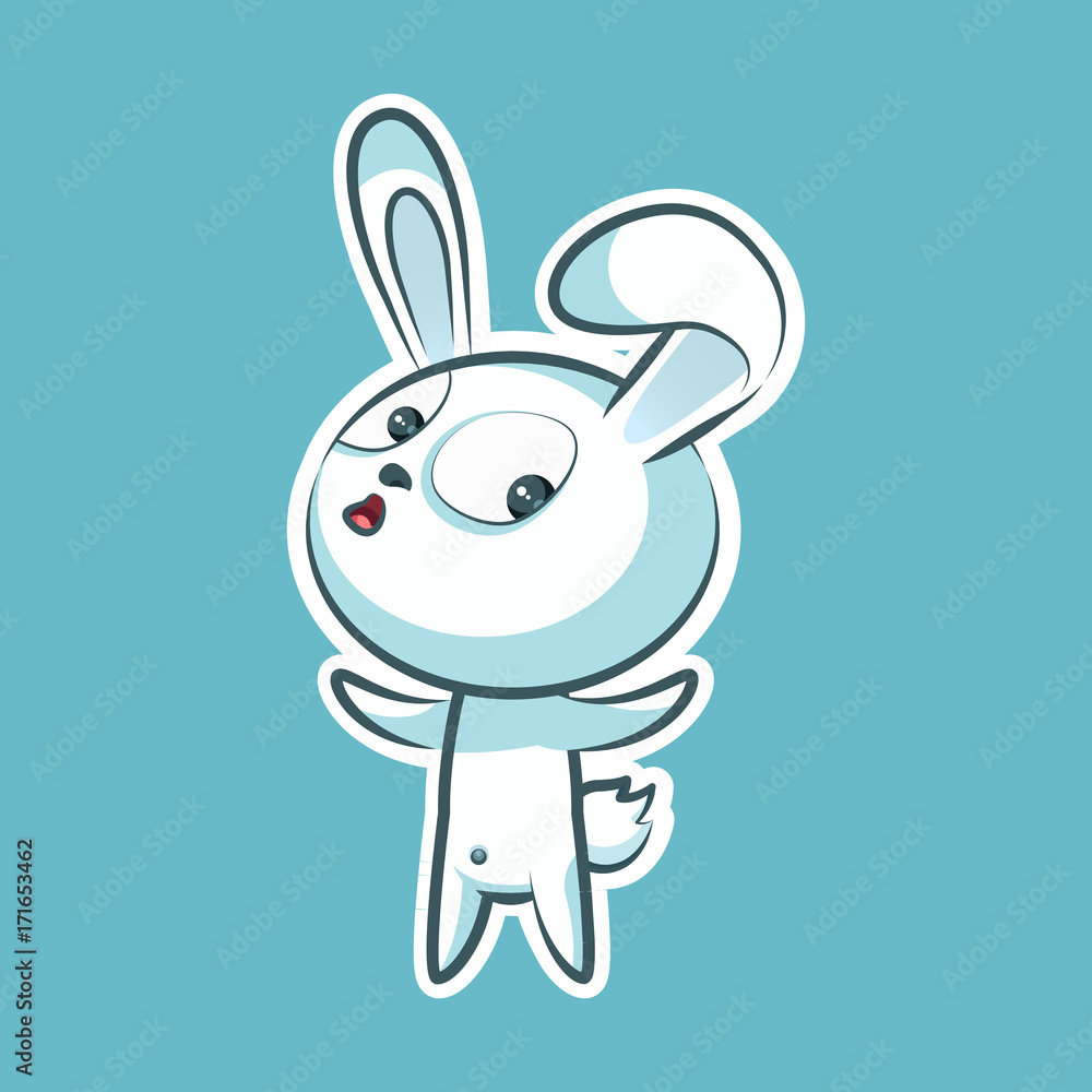 Sticker emoji emoticon, emotion what happens, hey, vector isolated illustration surprised character sweet, cute white rabbit, bunny, hare, coney, cony, lapin for happy Easter Sticker emoji emoticon, emotion what happens, hey, vector isolated illustration surprised character sweet, cute white rabbit, bunny, hare, coney, cony, lapin for happy Easter