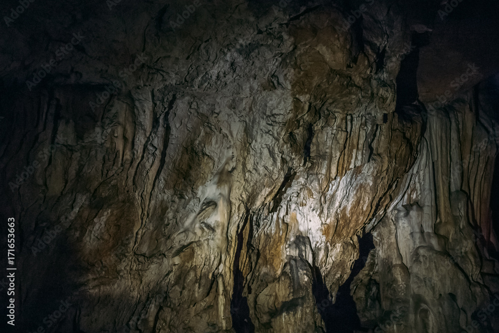 Formations on the walls of an underground cave