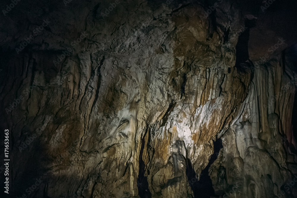 Formations on the walls of an underground cave Formations on the walls of an underground cave