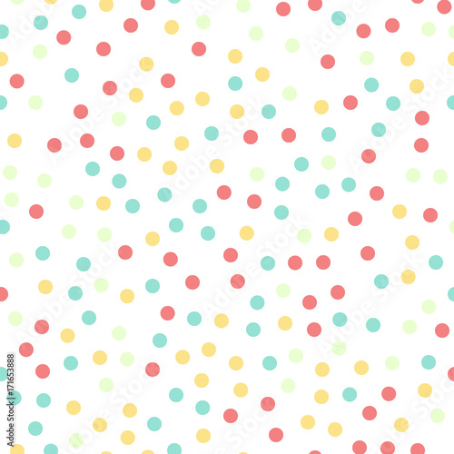 Colorful polka dots seamless pattern on white 16 background. Overwhelming classic colorful polka dots textile pattern. Seamless scattered confetti fall chaotic decor. Abstract vector illustration.