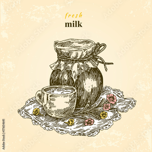 Farm. Jug and cup of milk on a napkin. Vintage style. Vector illustration.
