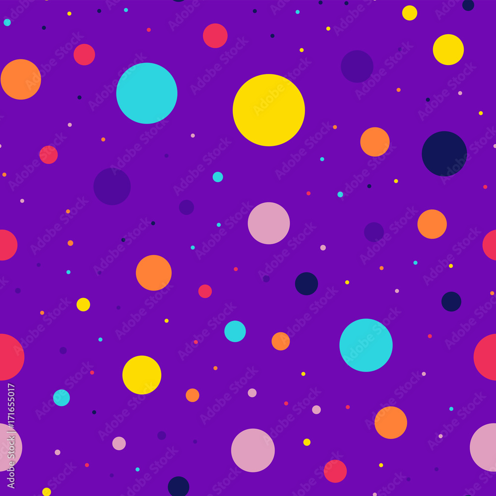 Memphis style polka dots seamless pattern on purple background. Incredible modern memphis polka dots creative pattern. Bright scattered confetti fall chaotic decor. Vector illustration.