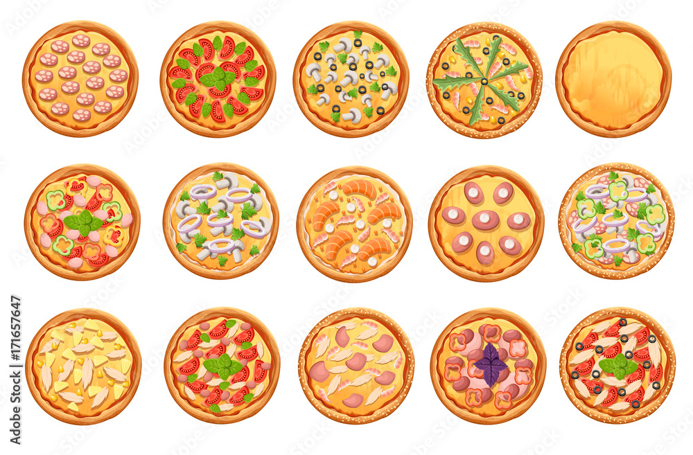 set of flat pizza icons isolated on white Pizza top view set. Web site page and mobile app design vector element. set of flat pizza icons isolated on white Pizza top view set. Web site page and mobile app design vector element.