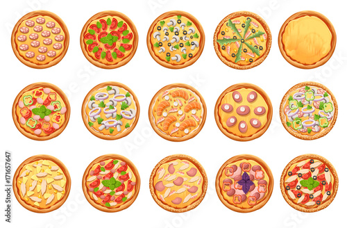 set of flat pizza icons isolated on white Pizza top view set. Web site page and mobile app design vector element.