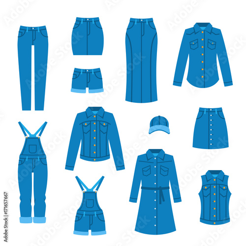 Denim clothes flat icons. Fashion style vector. Casual outfit for women. Female basic wardrobe elements. Blue jean garments for trendy look. Cotton clothing for modern girl. Isolated on white