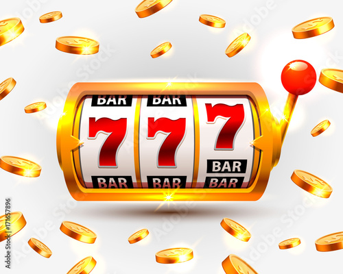 Golden slots machine wins the jackpot. Vector illustration isolated on white background. Vector illustration