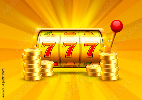 Golden slot machine wins the jackpot. Piles of gold coins. Vector illustration isolated on white background