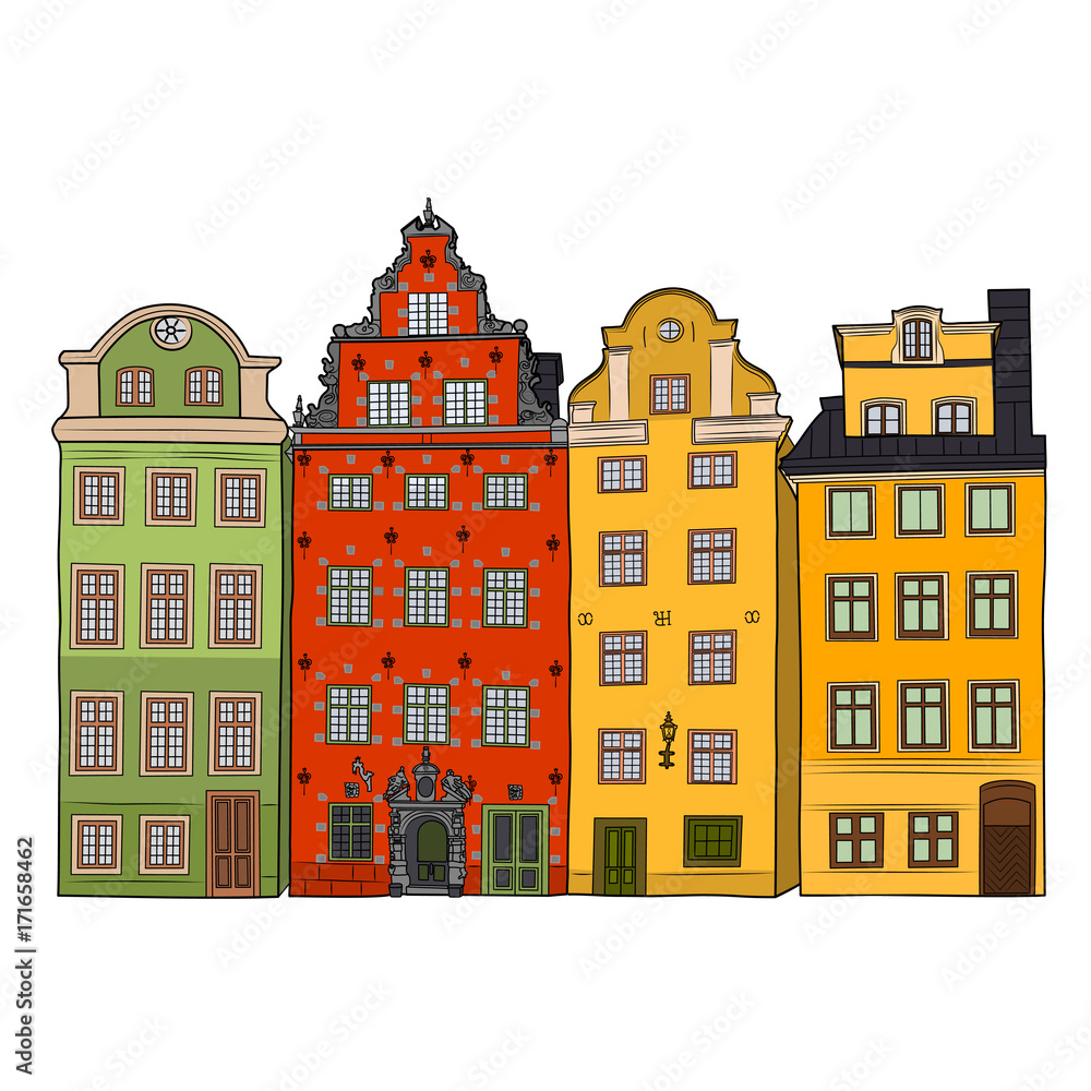 Colorful Facades of old Stockholm houses. Vector illustration.