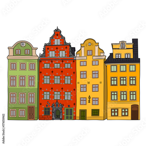 Obraz na płótnie Colorful Facades of old Stockholm houses. Vector illustration. w salonie