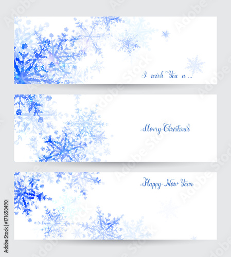 Three Winter headers with abstract blue snowflakes and holiday hand-drawn inscriptions.